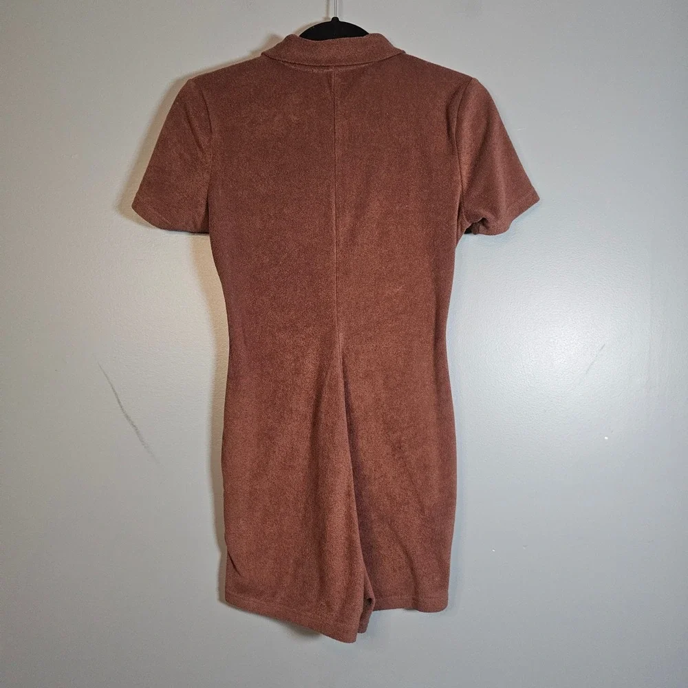 White Fox Chocolate Brown Terry Cloth Button‎ Front Romper Small Short Sleeve